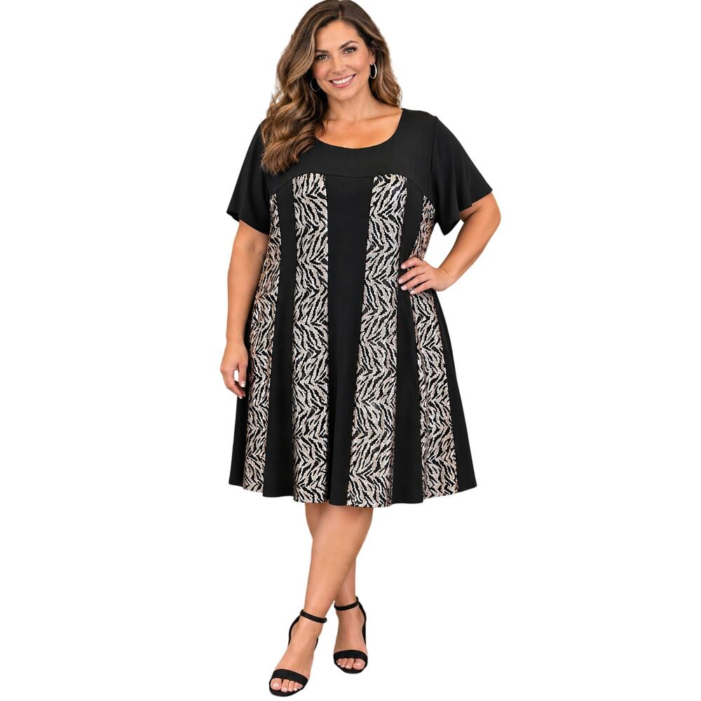 NWT Ashley S 20W color block animal print sequin black stretch dress knee length